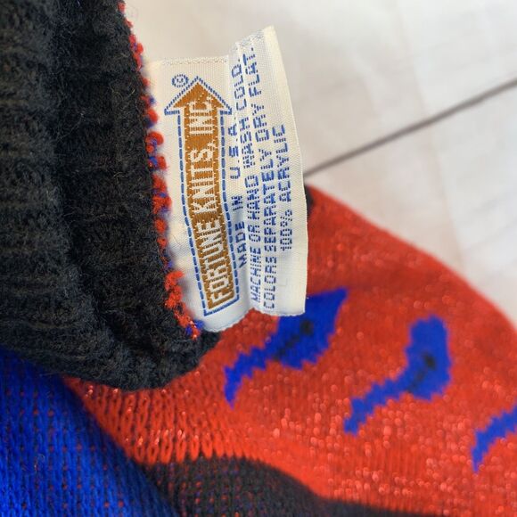 vintage blue red black lurex sweater Dolman Knit acrylic retro unisex hearts M 8 - Picture 6 of 9